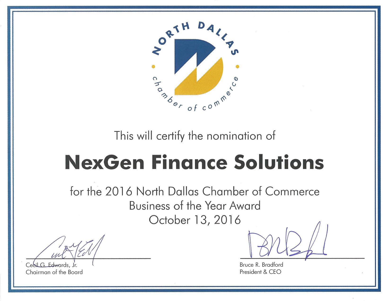 NexGen nominated for 2016 North Dallas Chamber of Commerce Business of Year